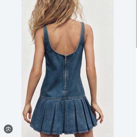 Zara Denim Box Pleat Dress NWOT Blue Size Large - Picture 2 of 7